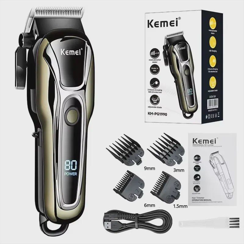 Professionele Draadloze Baard- en Haartrimmer Kemei KM-PG1990A met LCD Display & USB Opladen