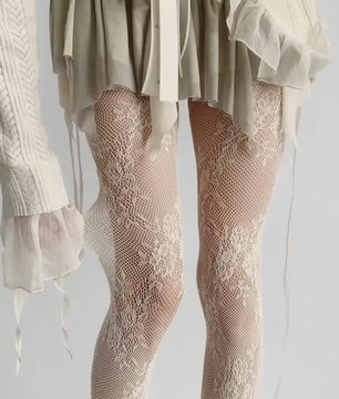 Luxe Kant & Mesh Pantyhose met Bloemendessin - Sexy & Modieus