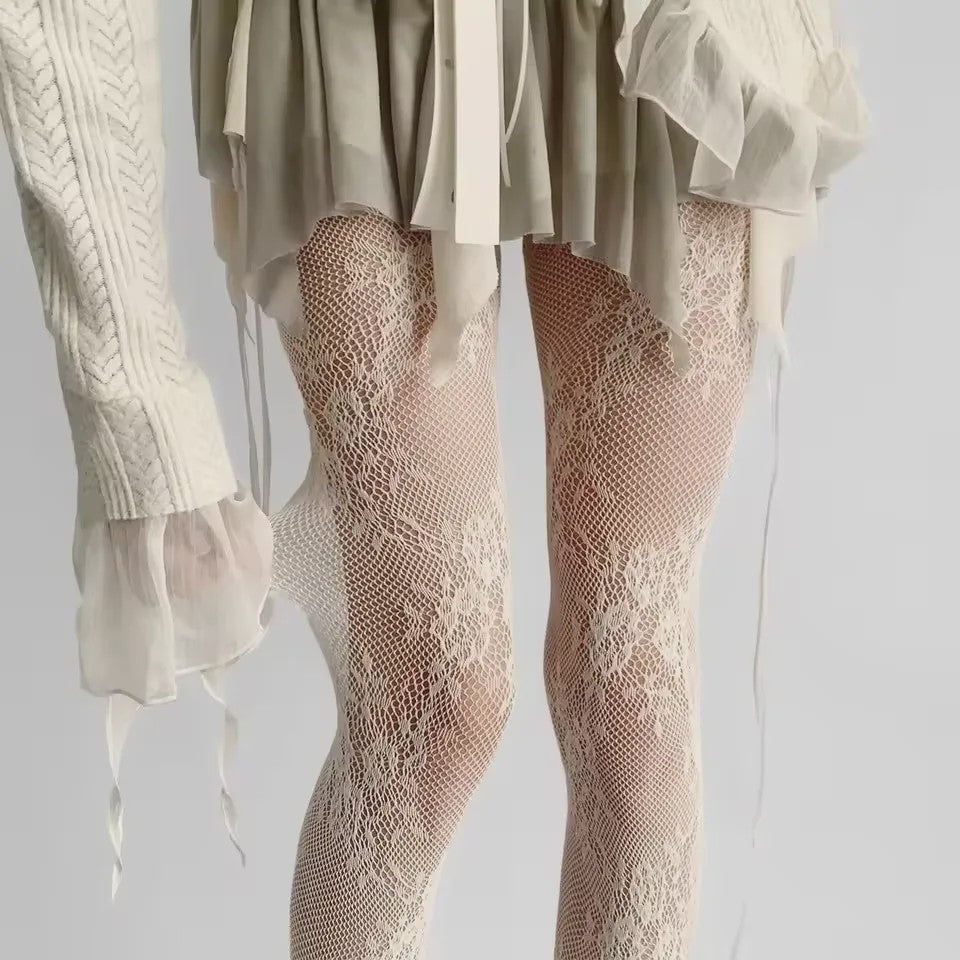 Luxe Kant & Mesh Pantyhose met Bloemendessin - Sexy & Modieus