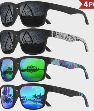 4-delige Set Vierkante Sportzonnebrillen met Designer Tempelpatroon - UV400 Bescherming