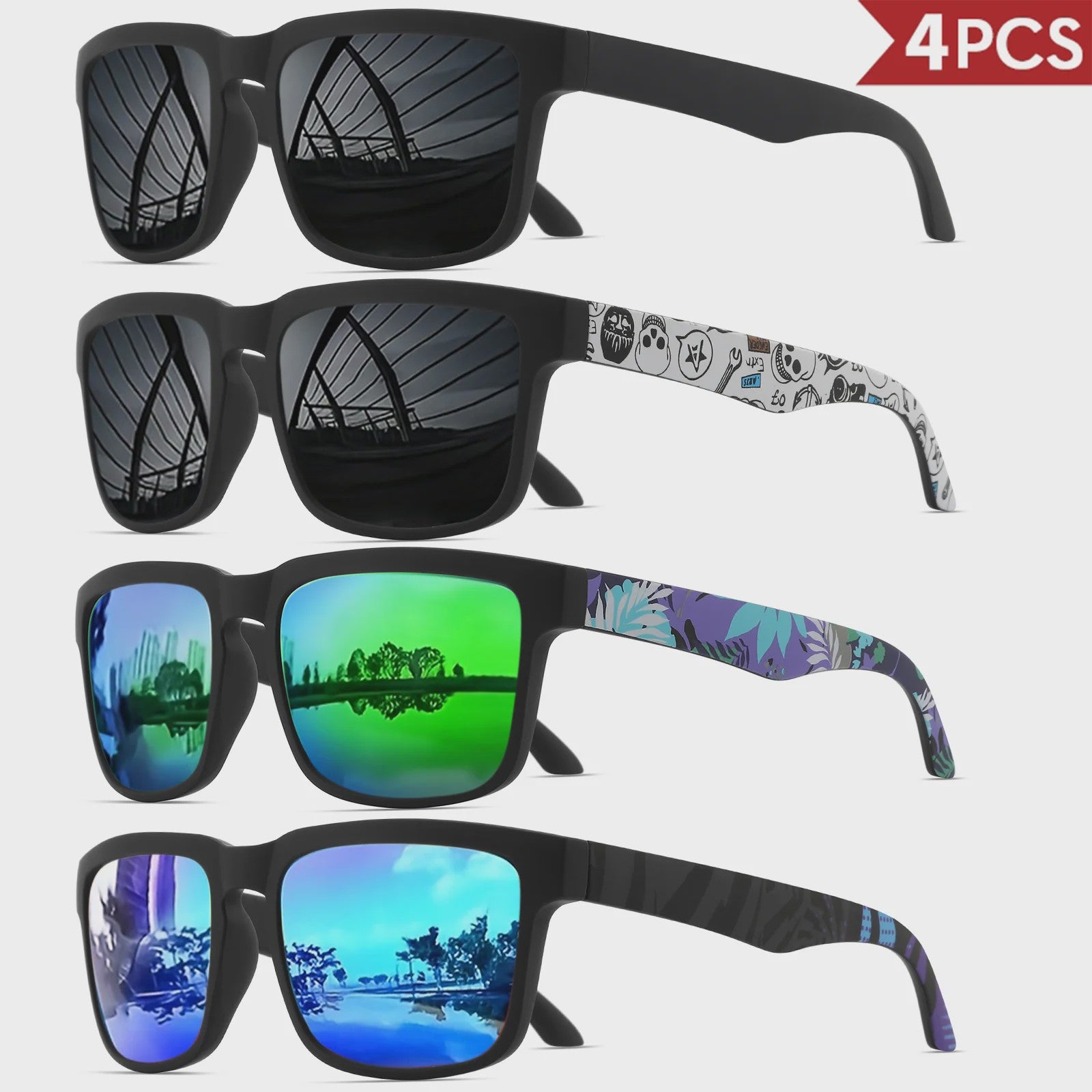 4-delige Set Vierkante Sportzonnebrillen met Designer Tempelpatroon - UV400 Bescherming