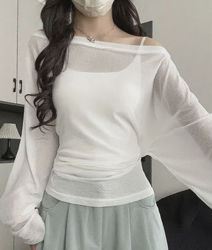 Dames Oversized T-shirt met Lange Mouwen en Off-Shoulder Design - Sexy Bandage Detail