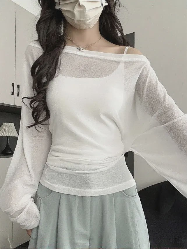 Dames Oversized T-shirt met Lange Mouwen en Off-Shoulder Design - Sexy Bandage Detail