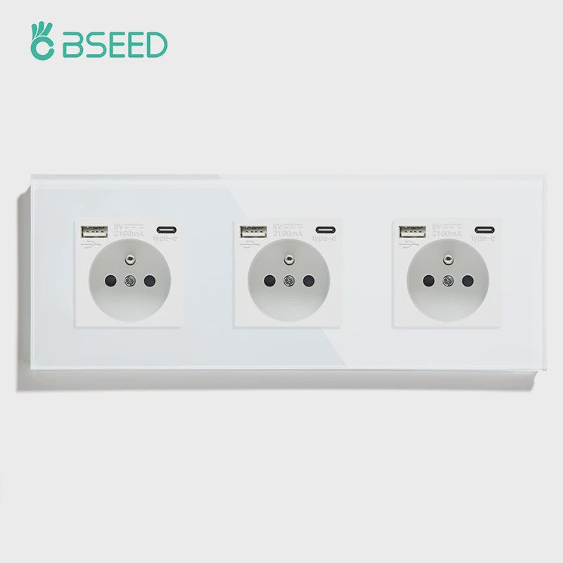BSEED Wandcontactdoos met Dubbele USB & Type-C Poorten - Stijlvol Glazen Frame
