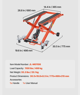Hydraulische Motorlift Krik 1100/1500 lbs - Voetbediend & 6 Wielen - Voor Motoren & Crossmotoren