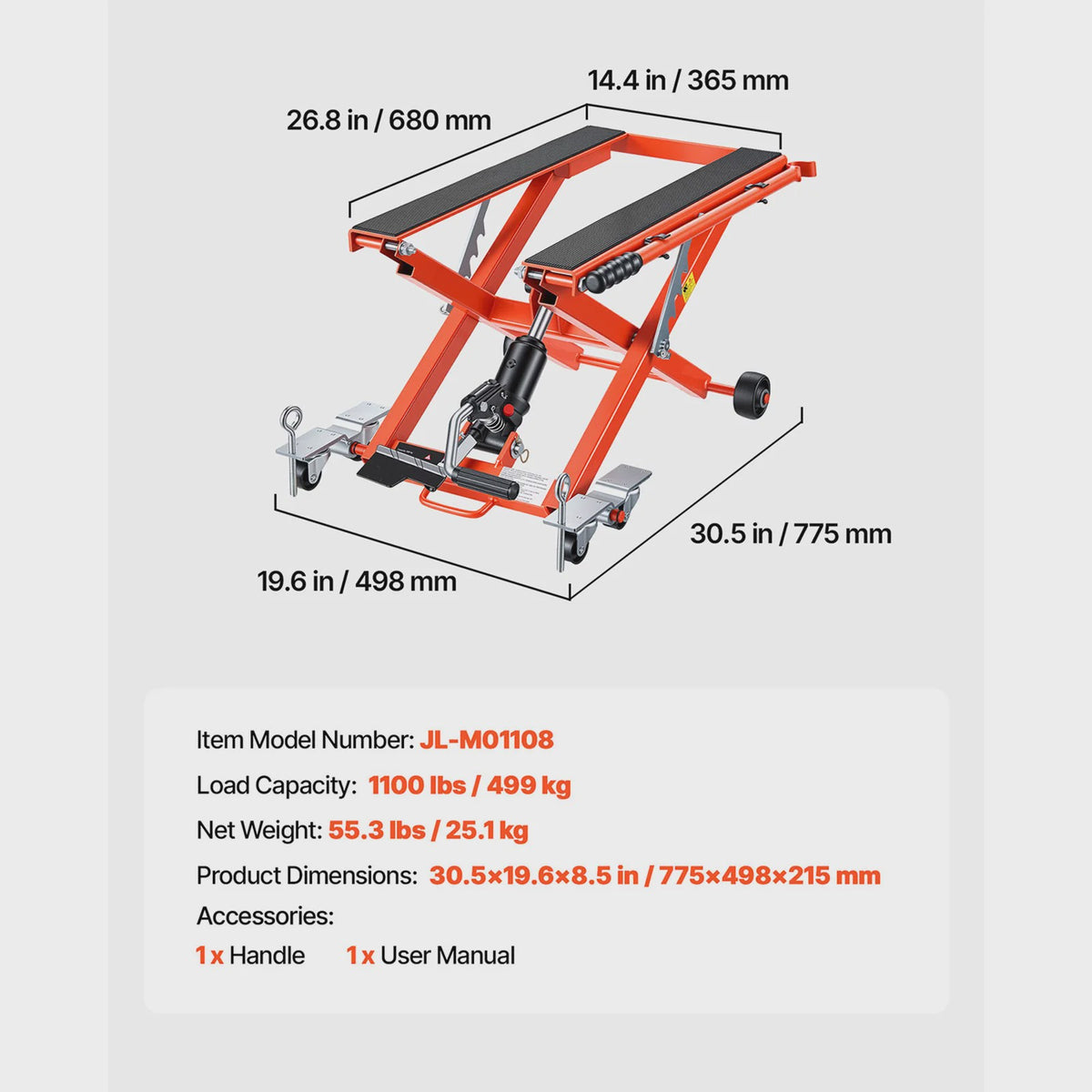 Hydraulische Motorlift Krik 1100/1500 lbs - Voetbediend & 6 Wielen - Voor Motoren & Crossmotoren