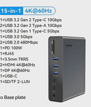 Vention 15-in-1 USB-C Docking Station: Triple Monitor 4K@60Hz, 100W PD, USB 3.2 Hub