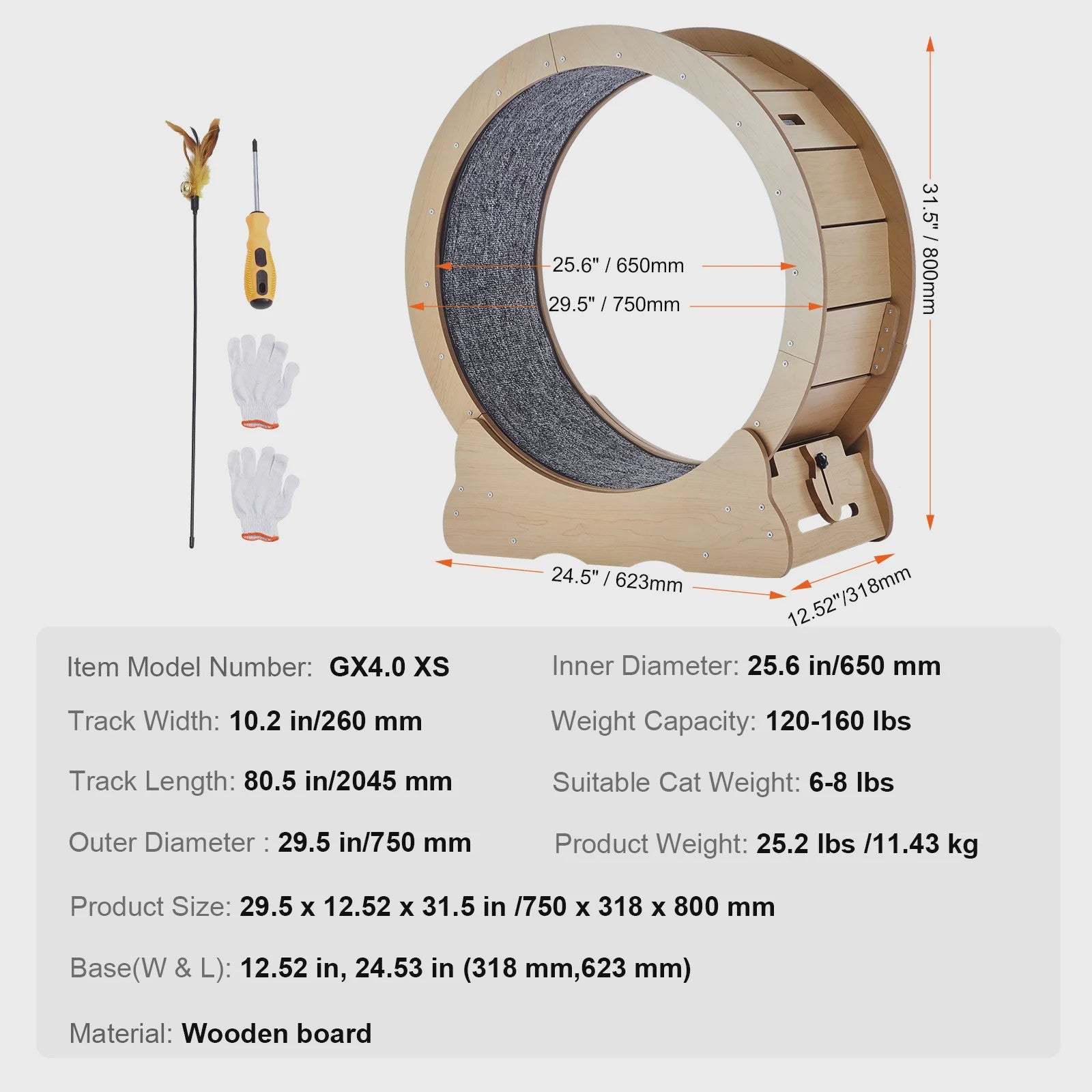 Houten Katten Loopwiel XL - Grote Kattenmolen voor Binnen met Afneembaar Tapijt & Kattenhengel