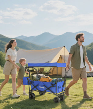 Stevige Klapbare Campingwagen met Zonnedak en Grote Wielen - Ideaal voor Buitenactiviteiten