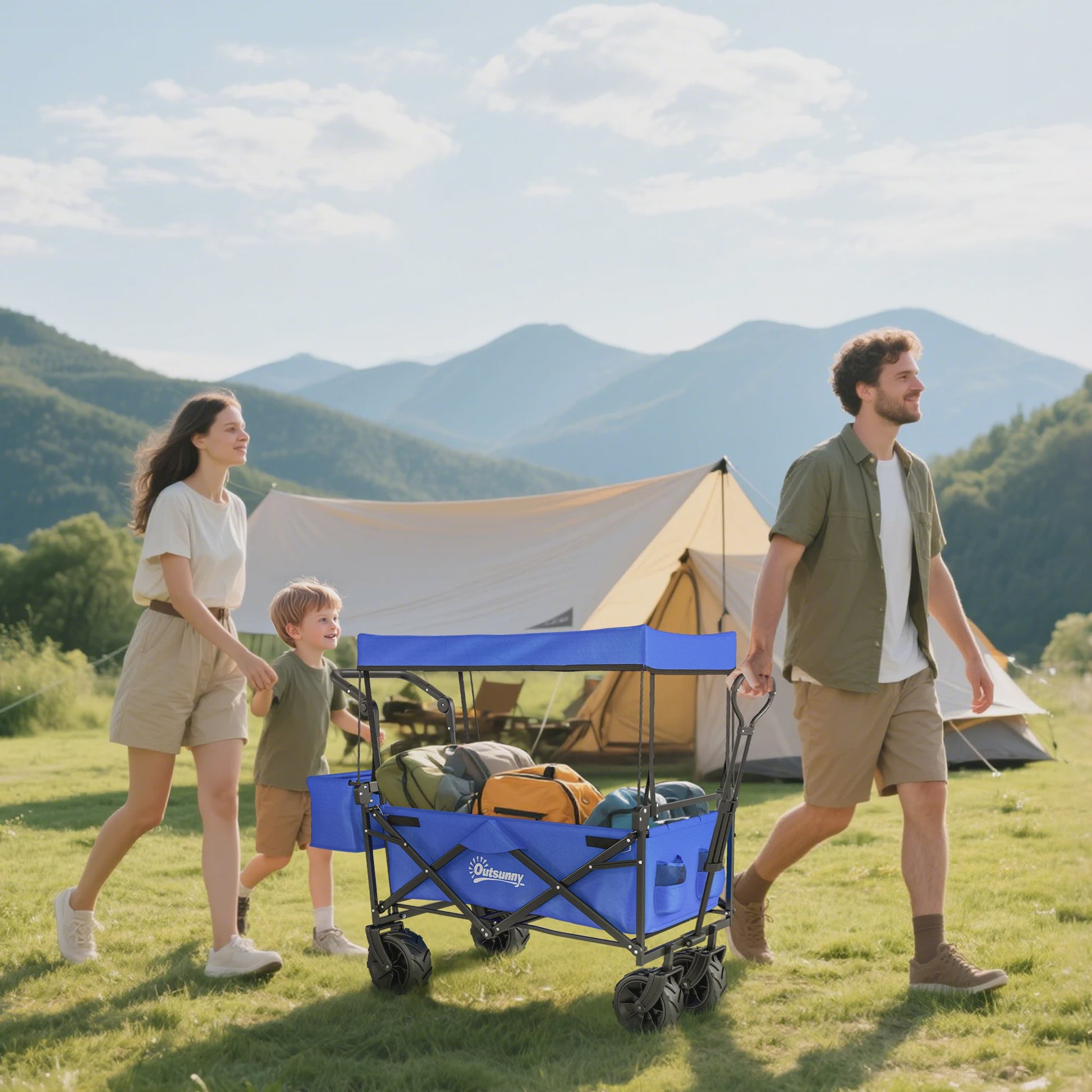 Stevige Klapbare Campingwagen met Zonnedak en Grote Wielen - Ideaal voor Buitenactiviteiten