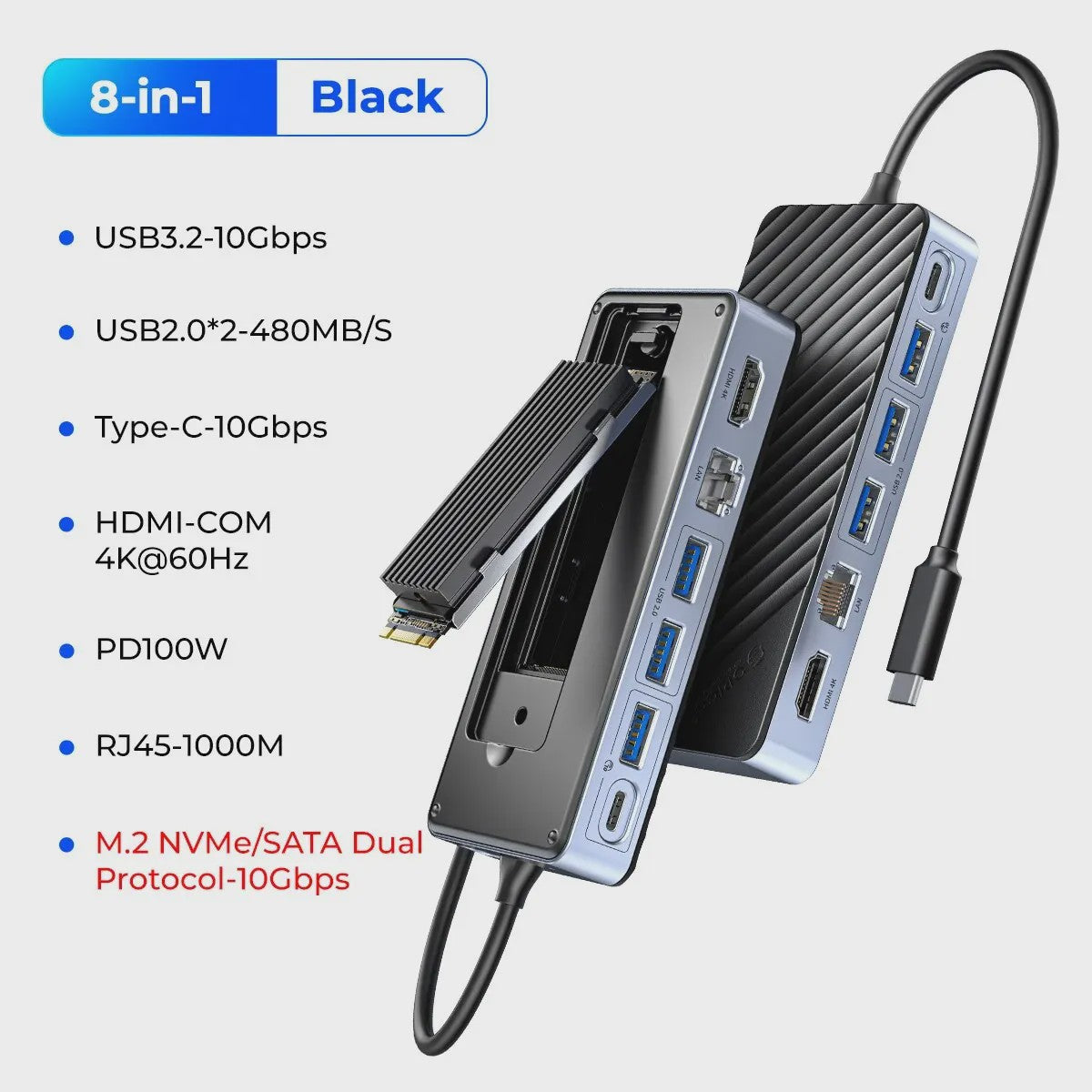 ORICO USB-C Docking Station met M.2 NVMe/SATA SSD Enclosure & 10Gbps Hub