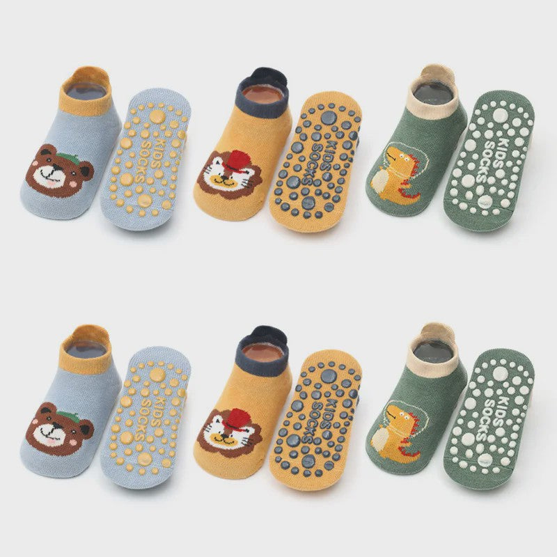 6 Paar Leuke Kinder Sokken met Antislip - Katoen, Ademend & Comfortabel - Schattige Dierenprintjes