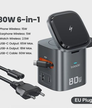 Toocki 80W GaN 6-in-1 Oplaadstation: MagSafe, 65W PD & Intrekbare Kabel