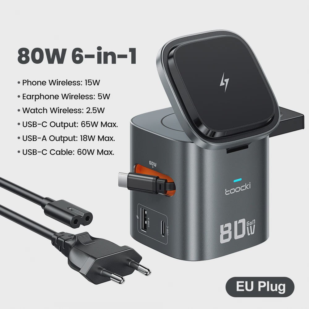 Toocki 80W GaN 6-in-1 Oplaadstation: MagSafe, 65W PD & Intrekbare Kabel