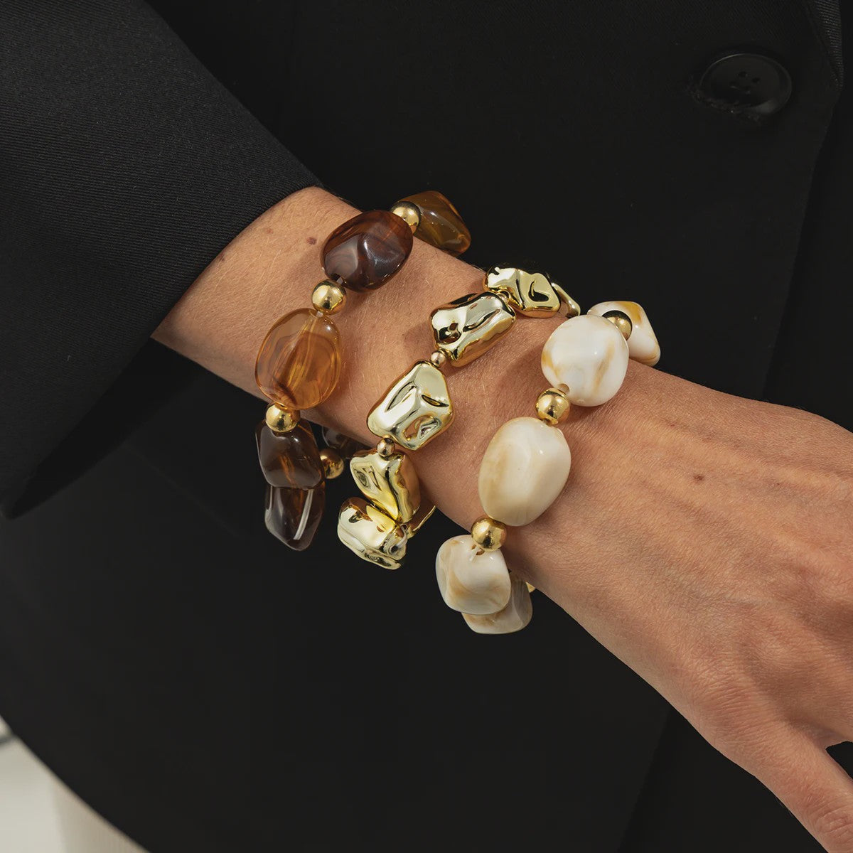 Set van 3 Bohemian Kralenarmbanden - Vintage Stijl Acryl & Goudkleurig