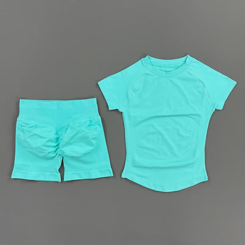 Seamless Sportset Dames: Yoga Top met Korte Mouw & Fitness Shorts