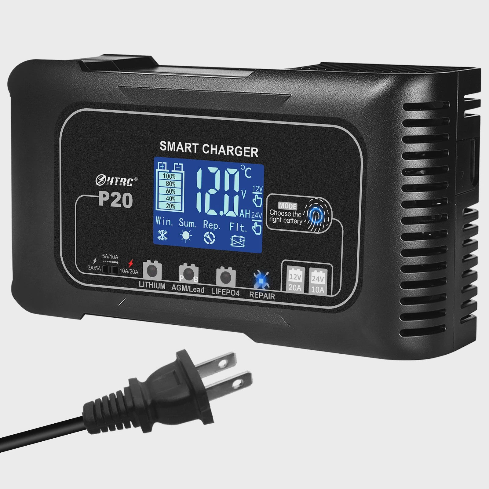 HTRC Slimme Acculader 12V/24V - Reparatie & Onderhoud voor Auto, Motor, AGM, Lithium