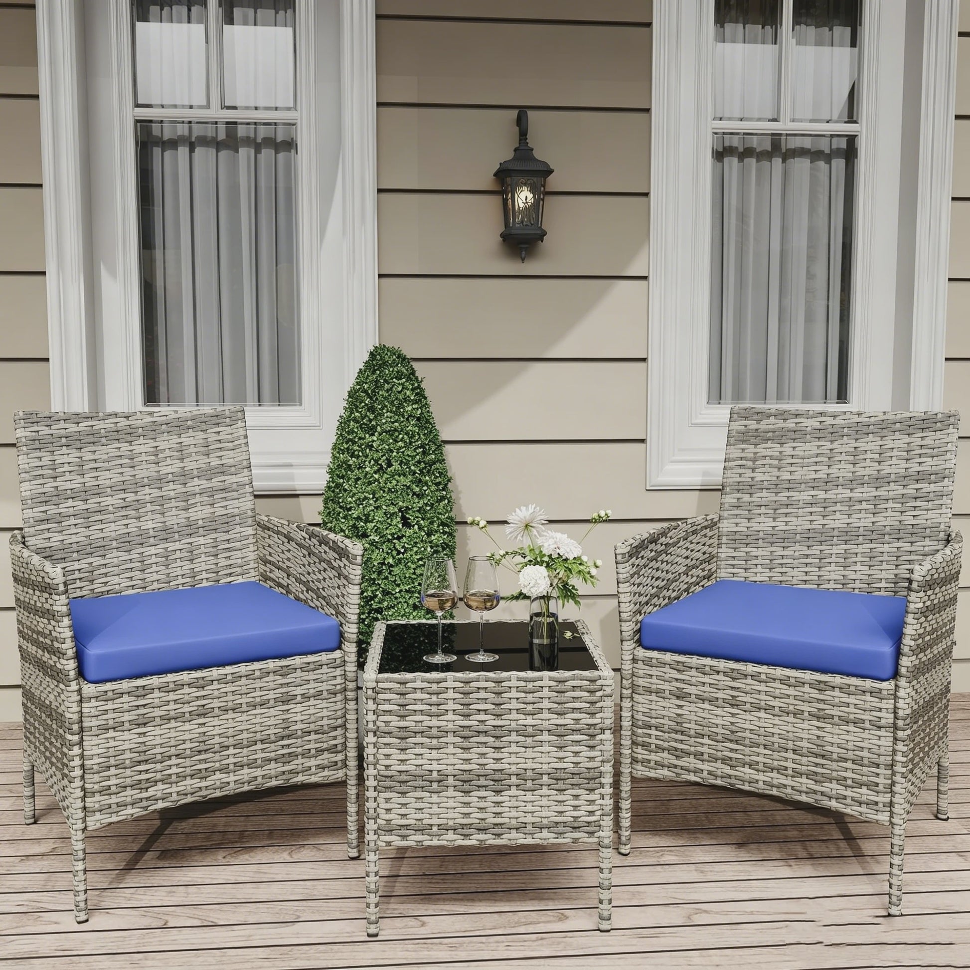 3-Delig Bistro Set: PE Rotan Terrasmeubilair met 2 Stoelen, Salontafel en Kussens voor Balkon en Tuin