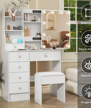 Witte Kaptafel met Schuifspiegel, Dimbare LED Verlichting, 6 Lades en Kruk
