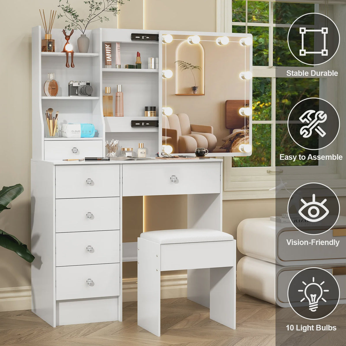 Witte Kaptafel met Schuifspiegel, Dimbare LED Verlichting, 6 Lades en Kruk