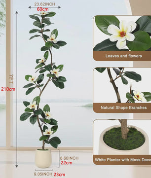 Kunst Magnolia Boom met Witte Pot - 150/180/210cm - Luxe Kunstplant voor Binnen