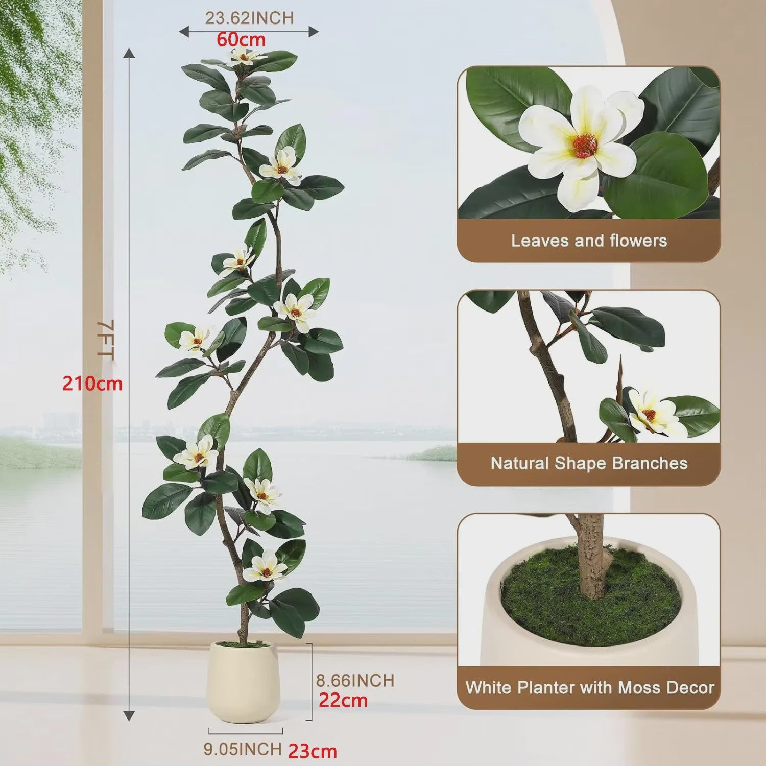 Kunst Magnolia Boom met Witte Pot - 150/180/210cm - Luxe Kunstplant voor Binnen