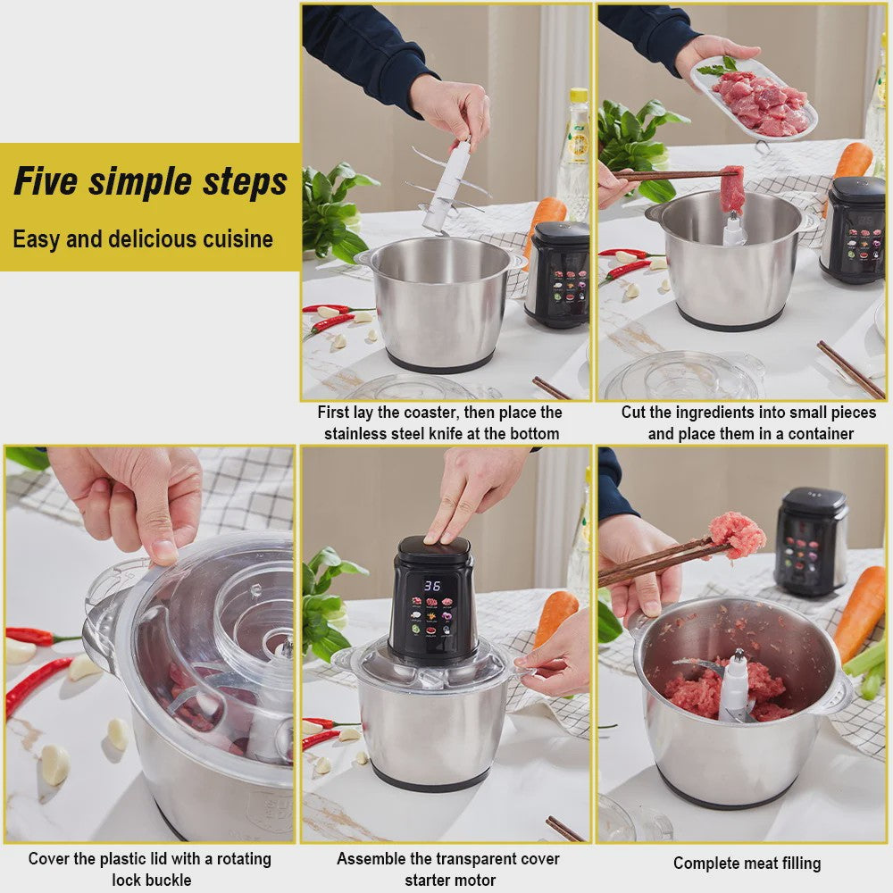 Krachtige 5L Keukenmachine met 6 Roestvrijstalen Messen - 500W Vleesmolen & Food Processor