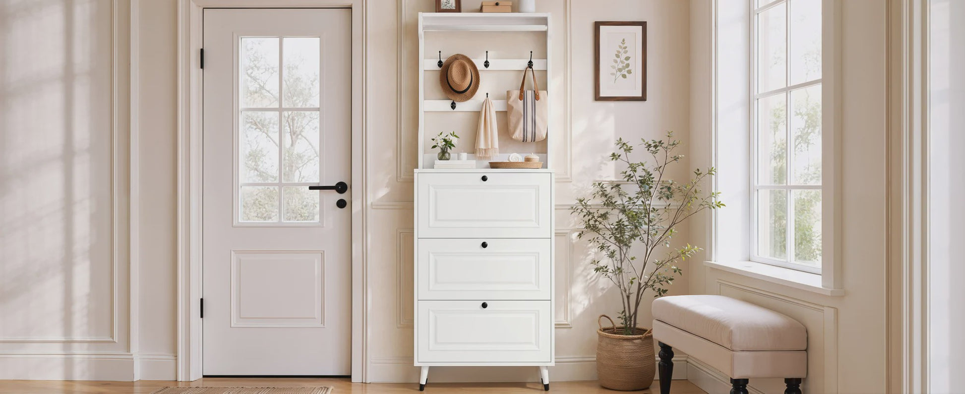 Witte Halmeubel met Schoenopbergkast, Kapstok en 3 Klapdeuren - Compact & Stijlvol