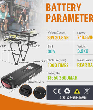 Lithium E-bike Batterij Pack 36V/48V/52V - 17.5Ah/20.8Ah Achterdrager Batterij