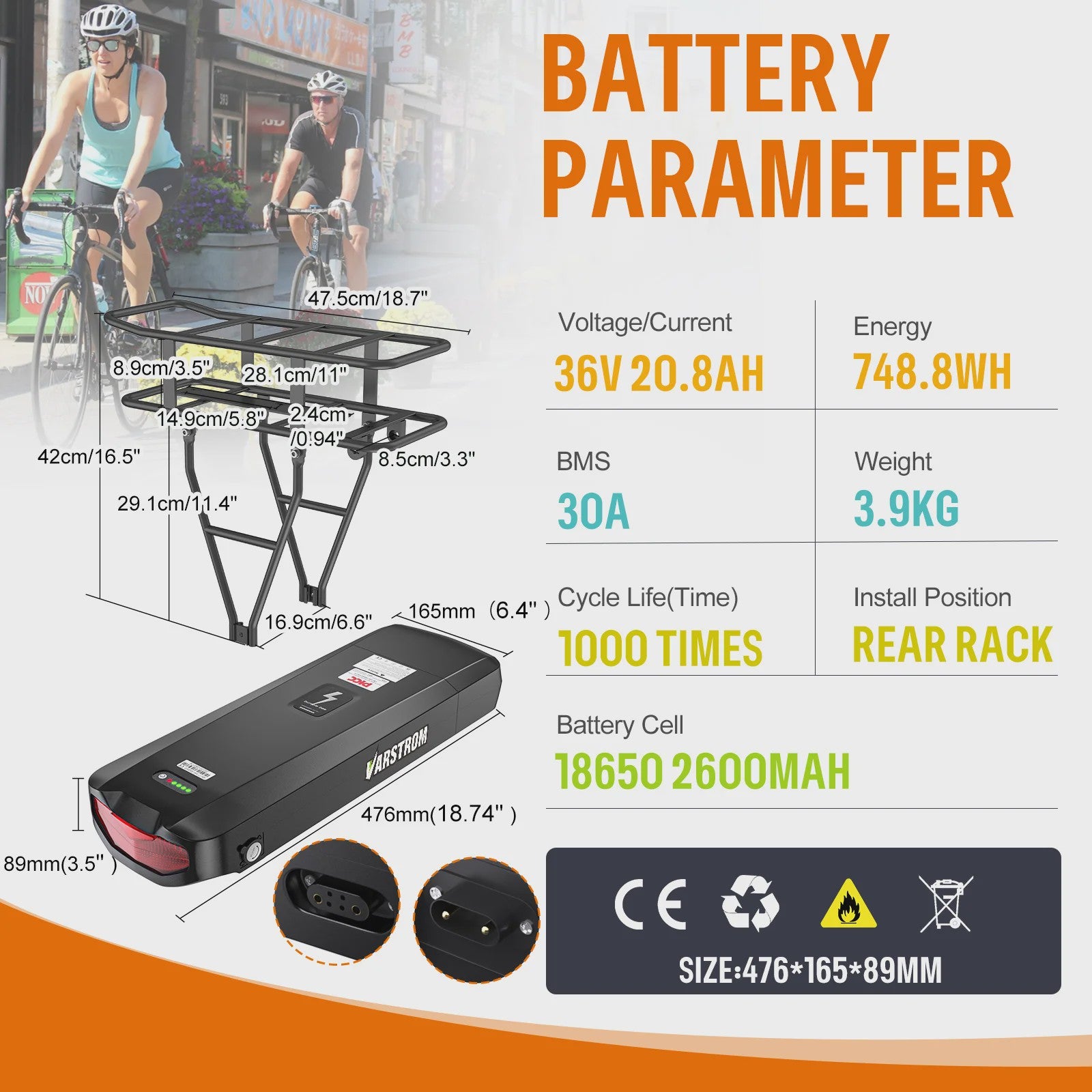 Lithium E-bike Batterij Pack 36V/48V/52V - 17.5Ah/20.8Ah Achterdrager Batterij
