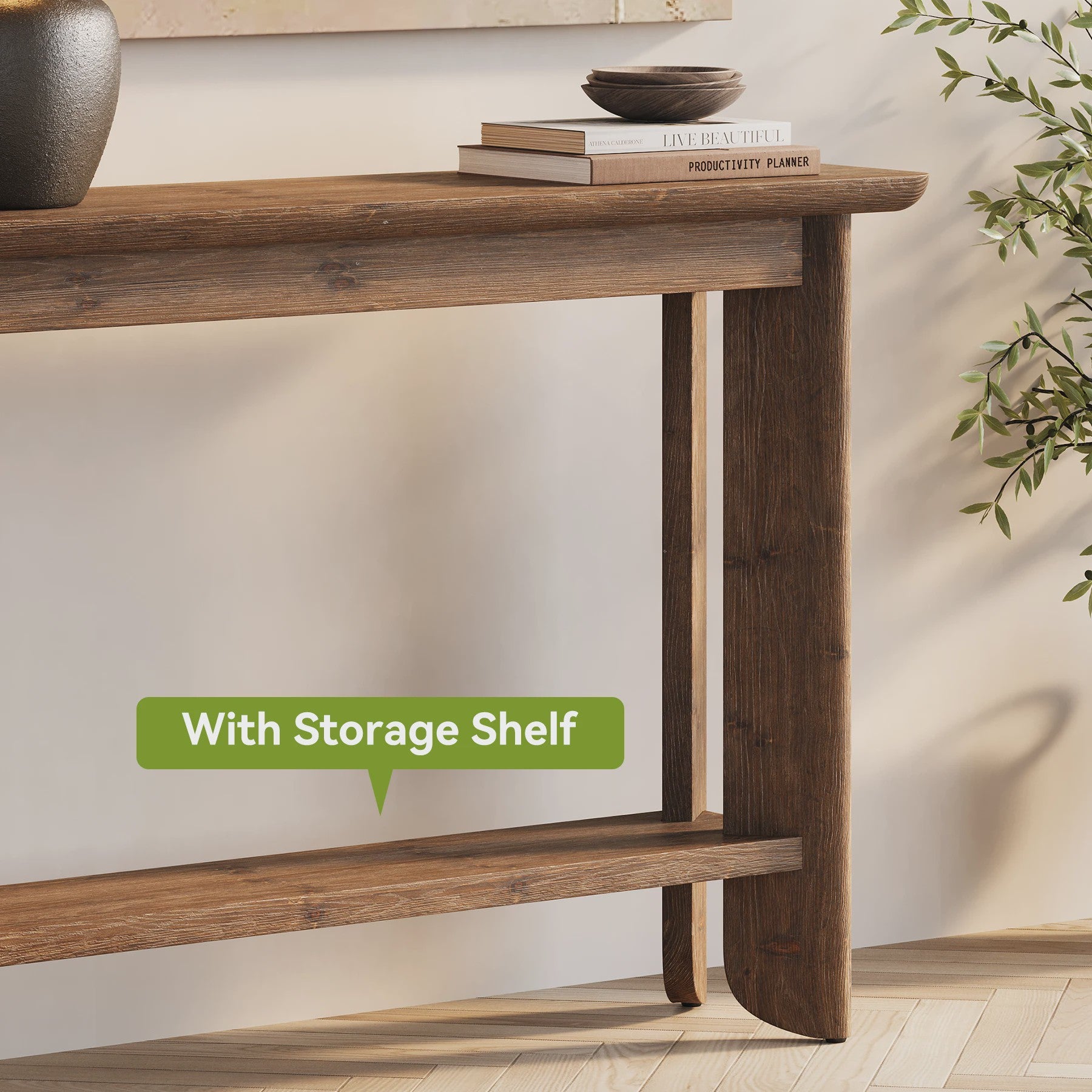 Massief Houten Console Tafel met 2 Lagen - Stijlvolle Sofa Tafel voor Hal of Woonkamer (Walnootkleur) - 105cm