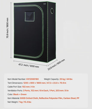 Professionele Kweek Telt 120x60x180 cm - 600D Mylar, Observatievenster & Bodemlade