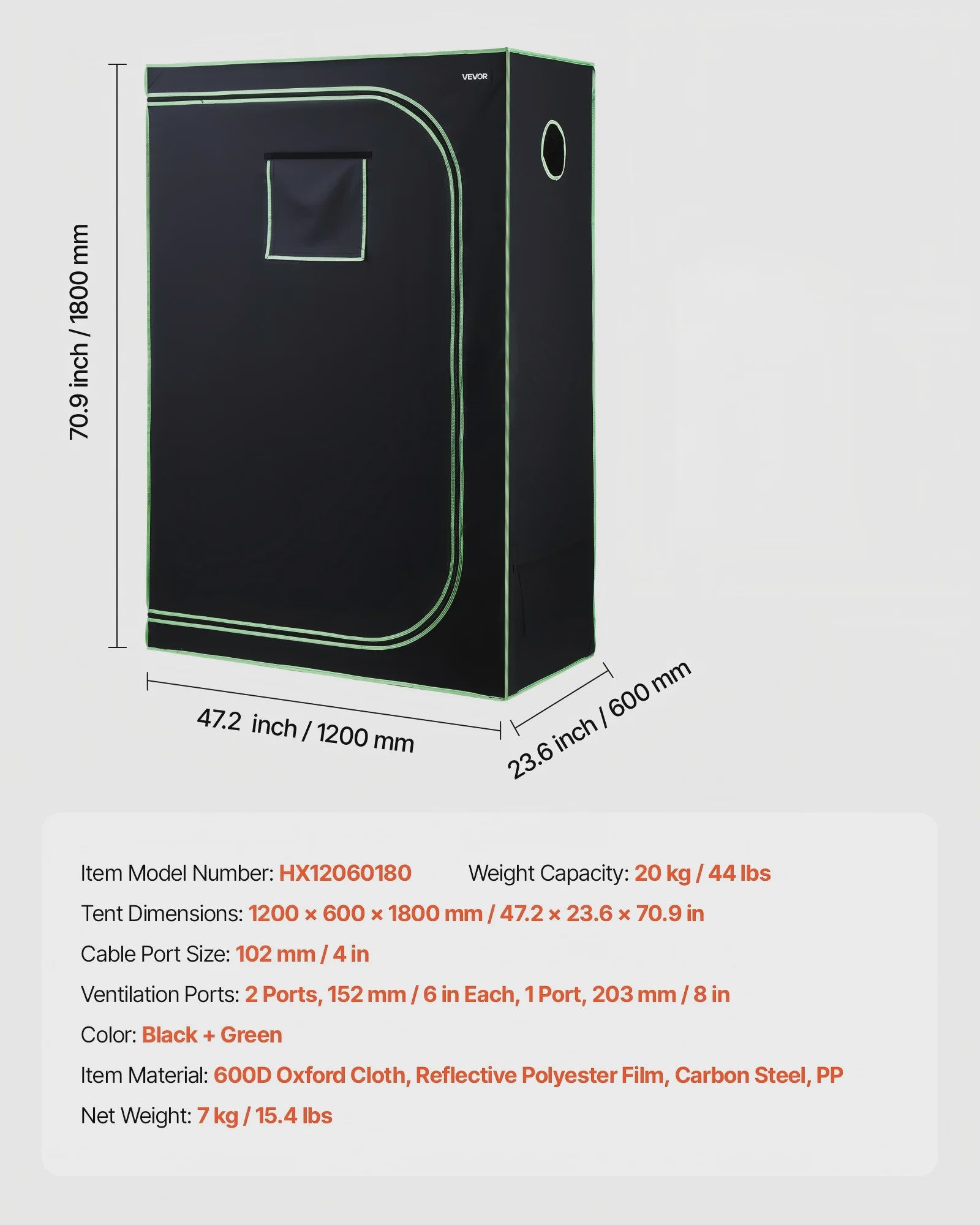 Professionele Kweek Telt 120x60x180 cm - 600D Mylar, Observatievenster & Bodemlade