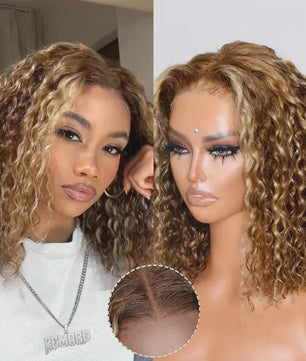 Ombre Bob Pruik van Menselijk Haar - Krullend, Honey Blonde Highlights, Glueless 5x5 HD Lace Wig, 16 Inch