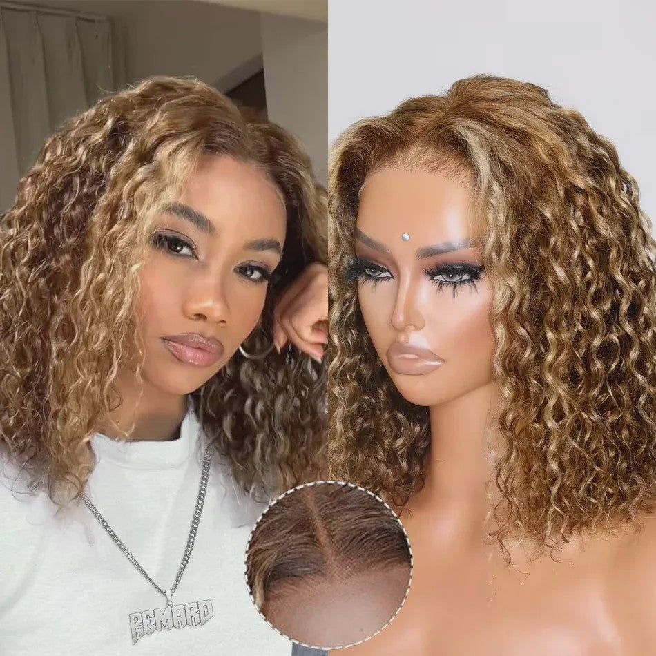 Ombre Bob Pruik van Menselijk Haar - Krullend, Honey Blonde Highlights, Glueless 5x5 HD Lace Wig, 16 Inch