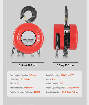 Handkettingtakel 1T/2T - Robuuste Handlier met 2.5/3/6m Hefhoogte voor Garage & Werkplaats