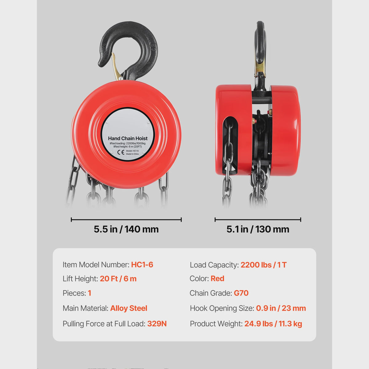 Handkettingtakel 1T/2T - Robuuste Handlier met 2.5/3/6m Hefhoogte voor Garage & Werkplaats
