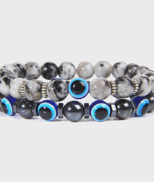Set van 2 Handgemaakte Natuursteen Armbanden met Hanger Oog van Fatima & Lavasteen/Hematiet
