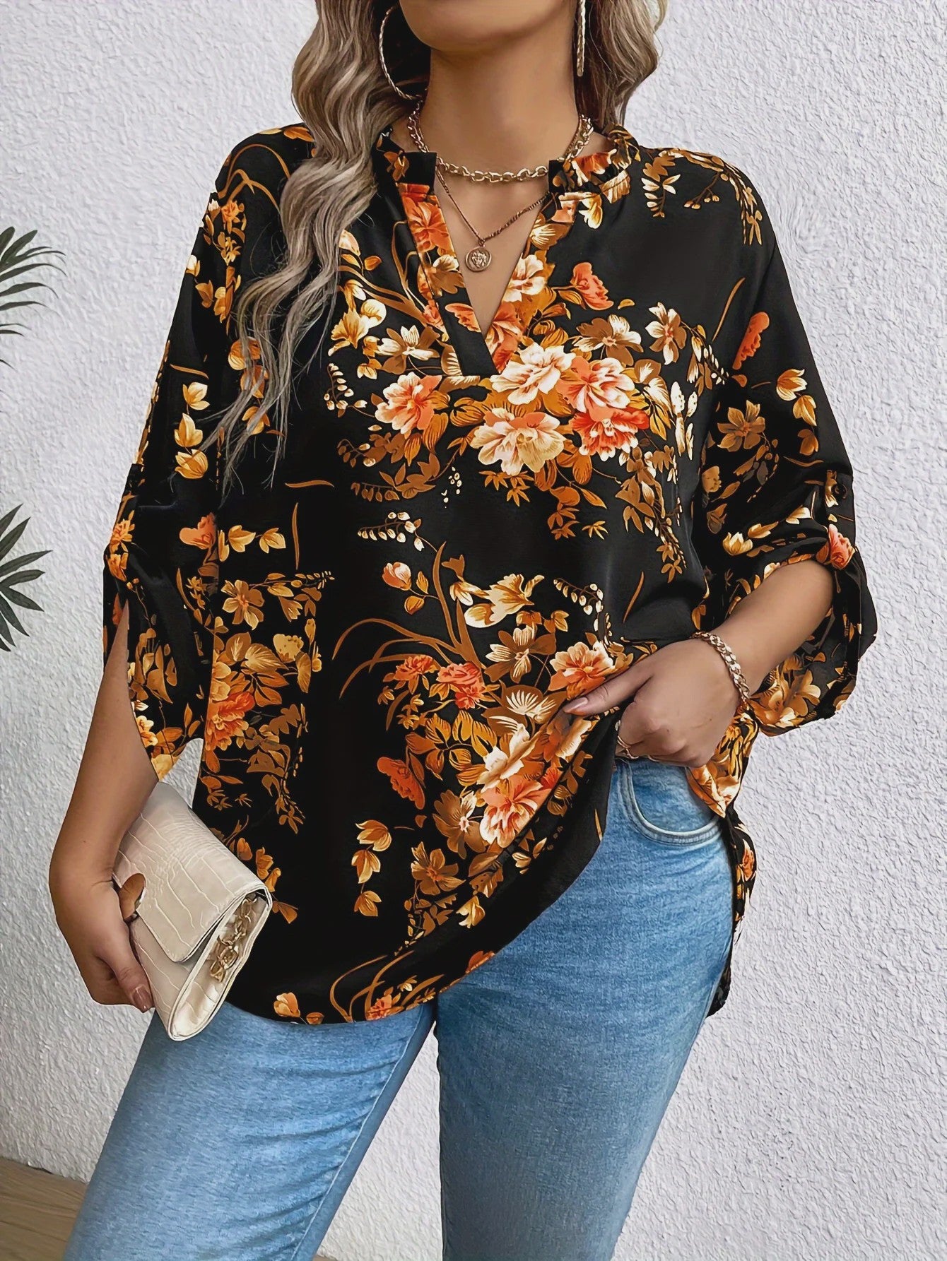 Plus Size Dames Blouse Elegant Lente Herfst Casual V-hals Losse Lange Mouw
