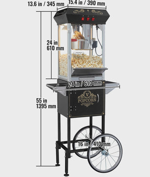 Professionele Popcorn Machine met Kar - 8oz Ketel, 48 Cups per Batch, Gehard Glas