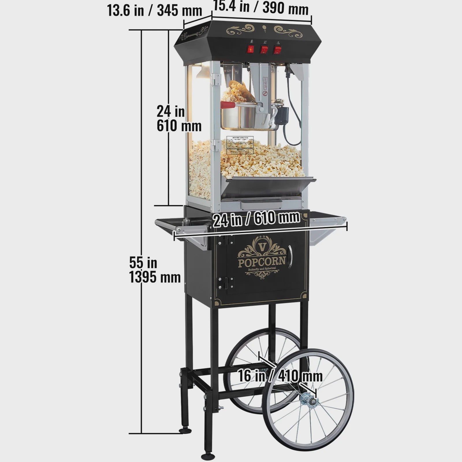 Professionele Popcorn Machine met Kar - 8oz Ketel, 48 Cups per Batch, Gehard Glas