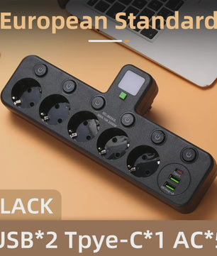 Wandcontactdoos met 5 AC-aansluitingen, 2 USB-poorten, Nachtlampje en Onafhankelijke Schakelaars