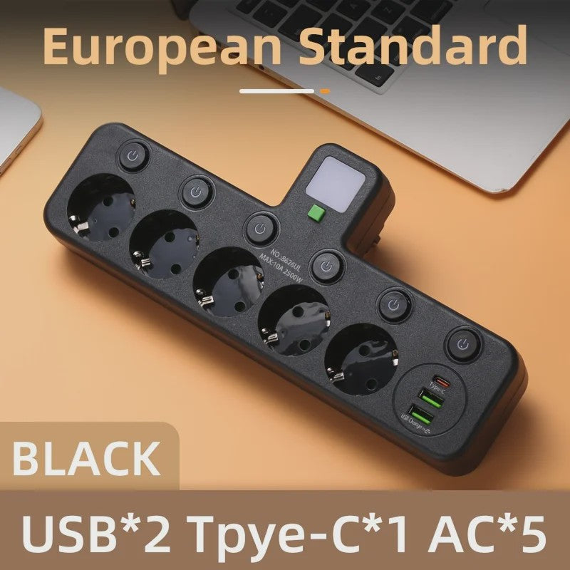 Wandcontactdoos met 5 AC-aansluitingen, 2 USB-poorten, Nachtlampje en Onafhankelijke Schakelaars