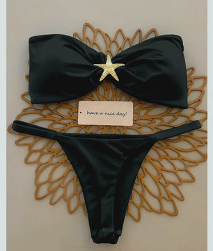 Bandeau Bikini Set met Sterrenornament - Sky Blue Push-Up Thong Badpak