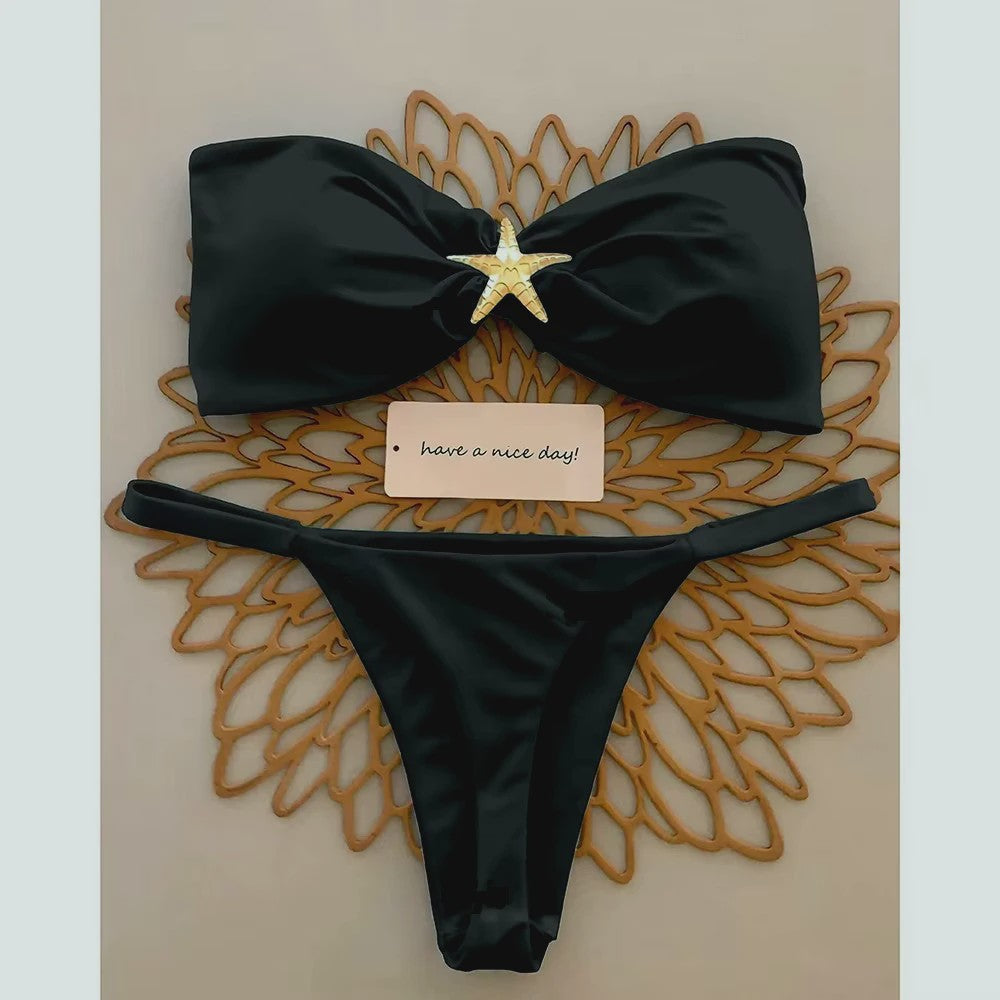 Bandeau Bikini Set met Sterrenornament - Sky Blue Push-Up Thong Badpak
