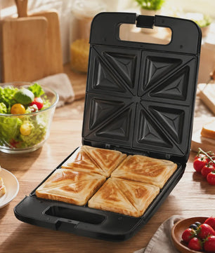 Zwarte Sandwichmaker 1400W - 4 Sandwiches, Dubbelzijdig Verwarmen, Anti-aanbakplaten