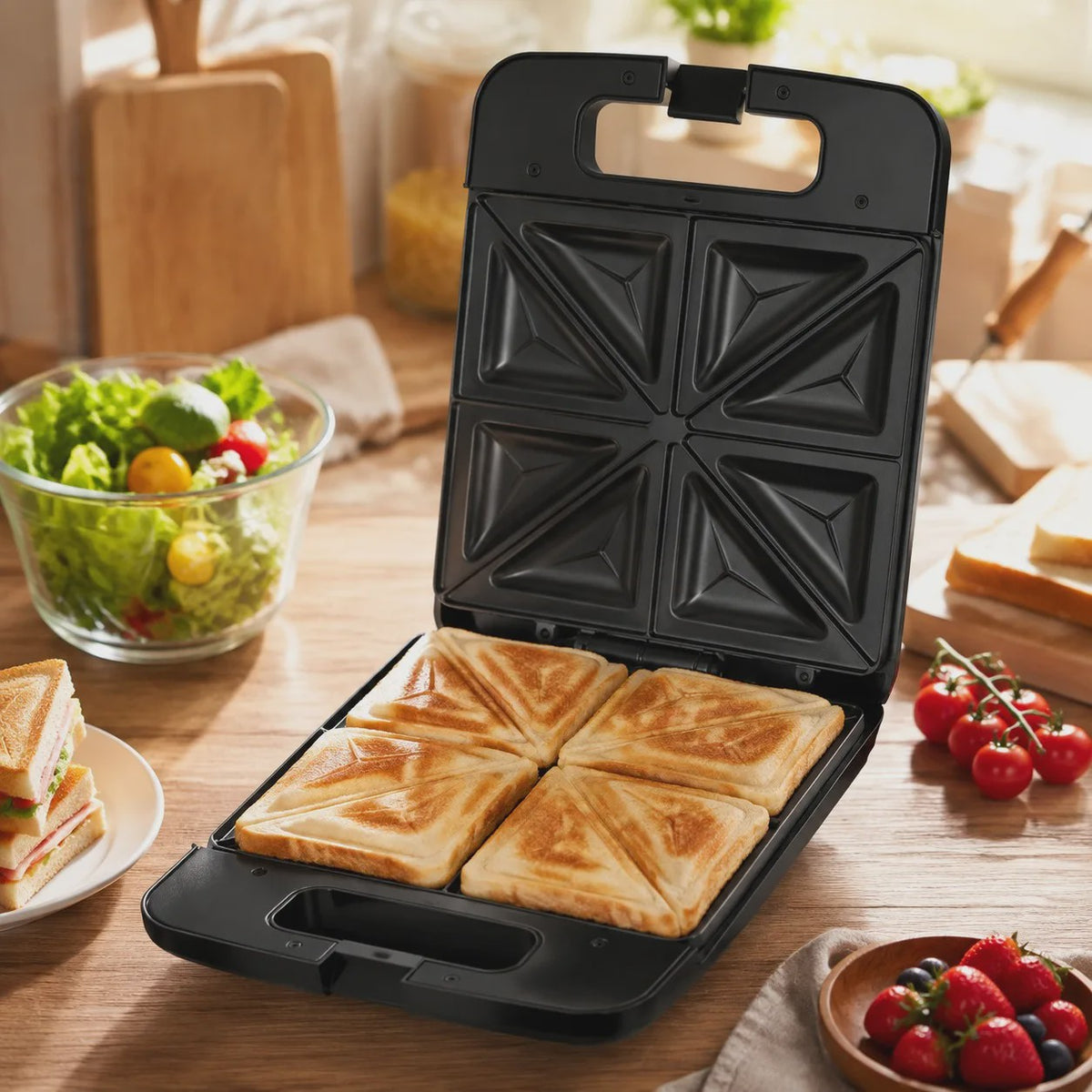Zwarte Sandwichmaker 1400W - 4 Sandwiches, Dubbelzijdig Verwarmen, Anti-aanbakplaten