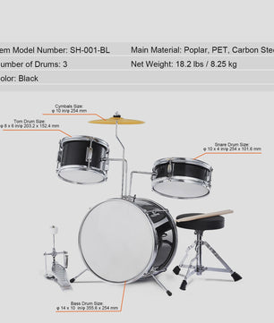 3-delige Kinder Drumstel Set 14 inch - Inclusief Krukje, Bekken & Stokken - Zwart/Blauw
