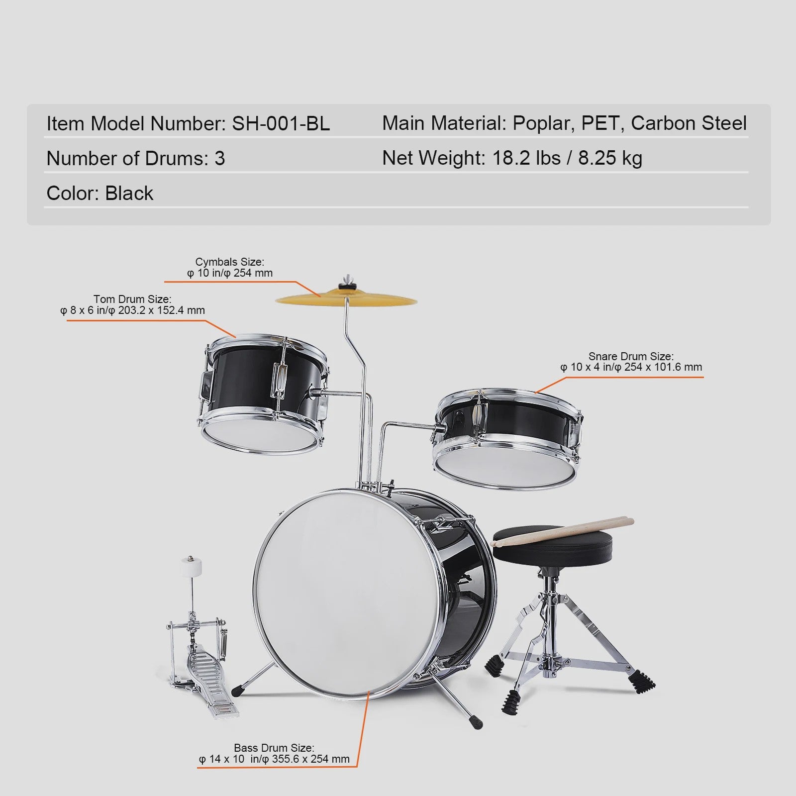 3-delige Kinder Drumstel Set 14 inch - Inclusief Krukje, Bekken & Stokken - Zwart/Blauw