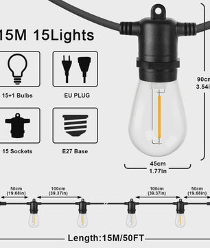 50FT Slinger LED Verlichting Buiten - Dimbare, Kopppelbare en Onbreekbare Tuinlampen